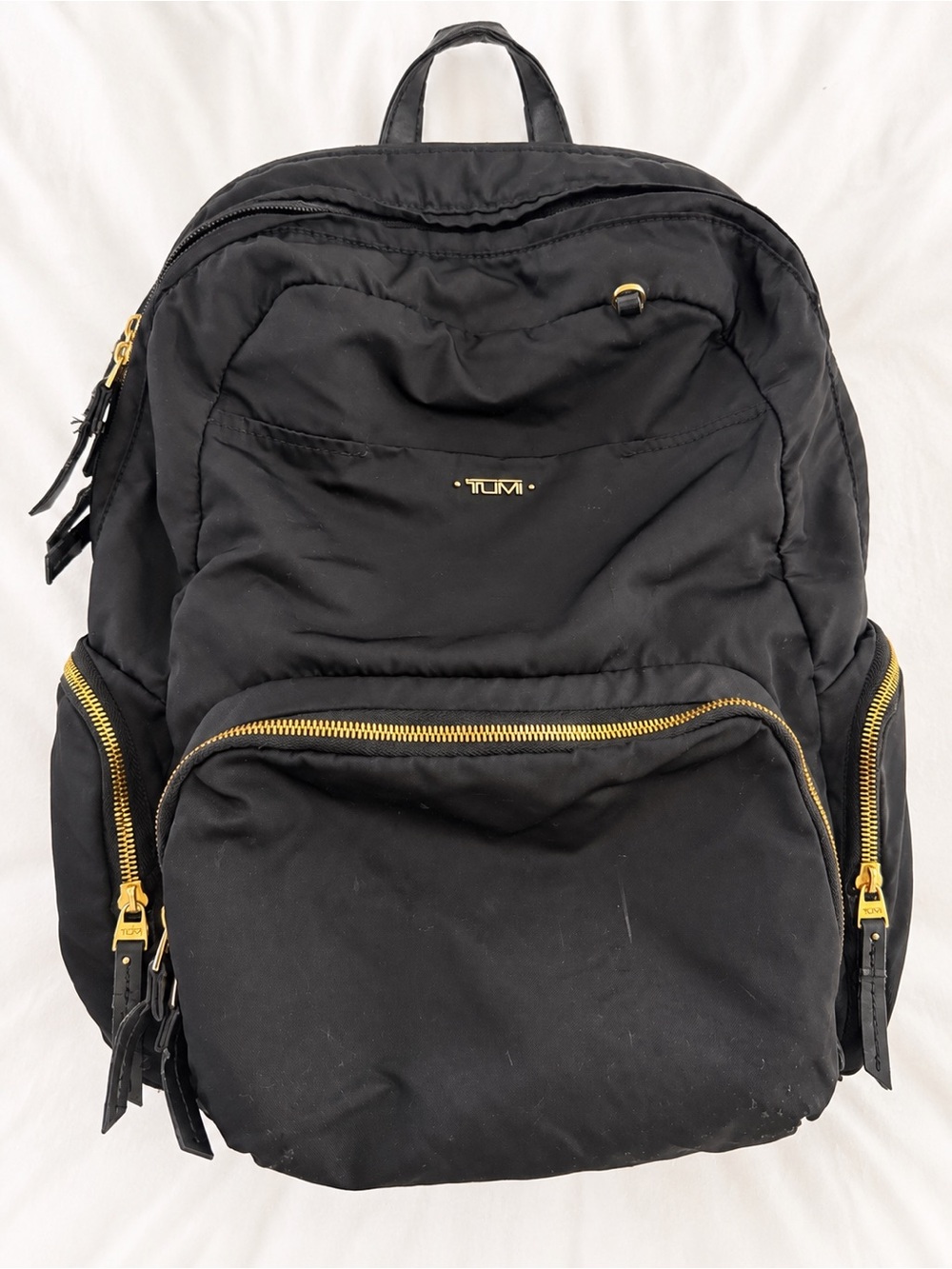 Tumi Black Nylon Backpack with Gold Hardware Accents